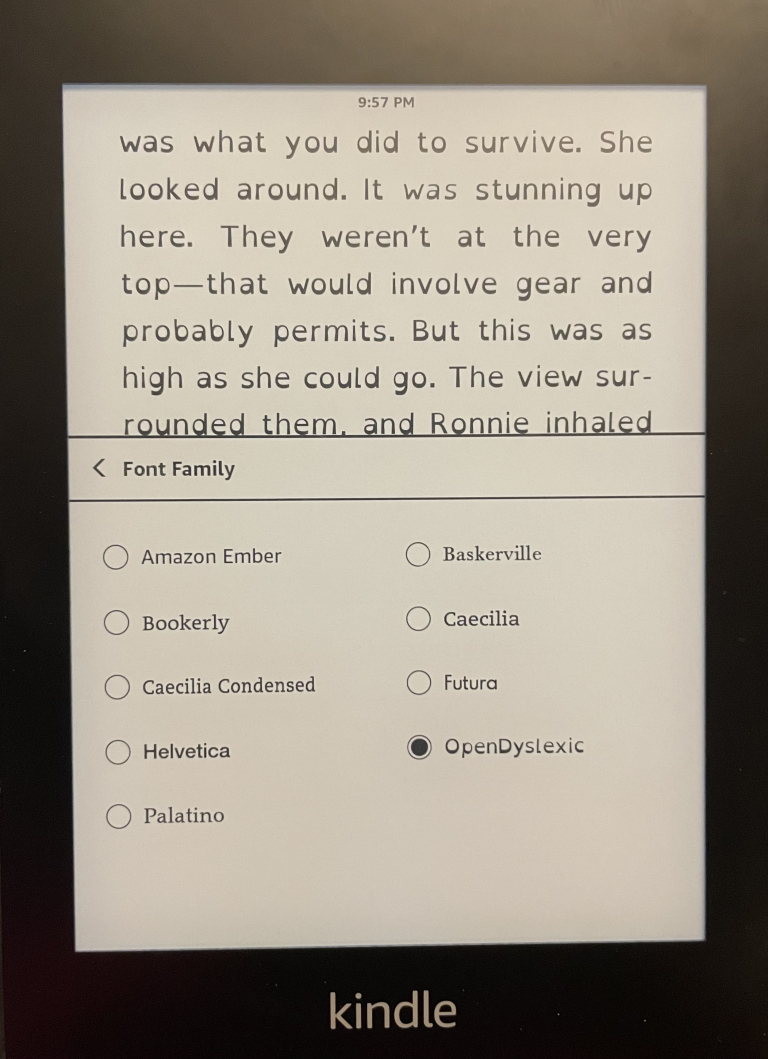 Kindle Paperwhite với lựa chọn phông chữ được đặt thành Open Dyslexic